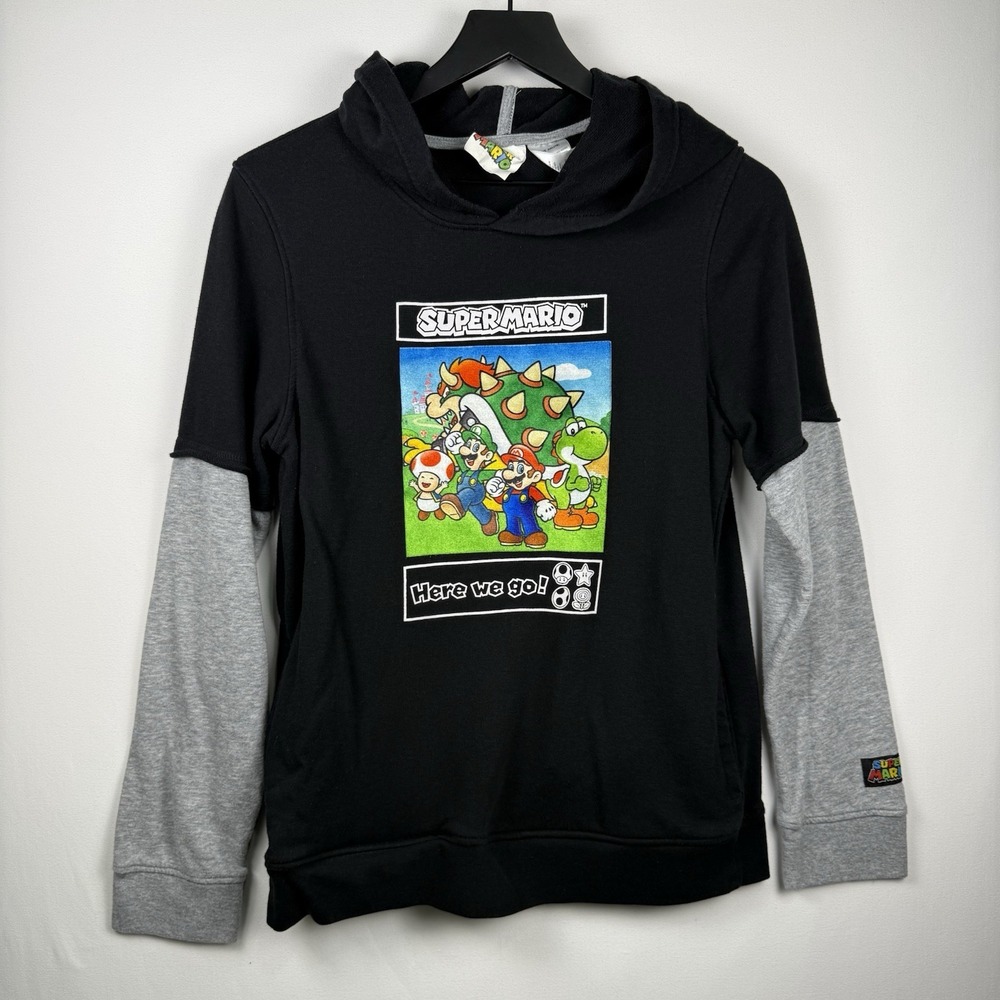 Super Mario Pullover Hoodie Boys size XXL (18) Sweatshirt Black/Grey